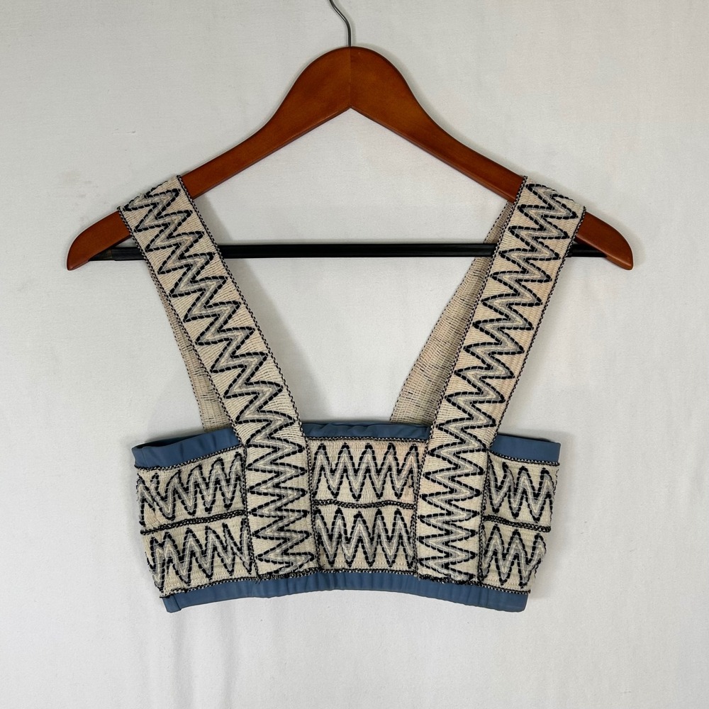Elysian Women Blue Cream Zigzag Embroidered Bikini Top Small Made in LA